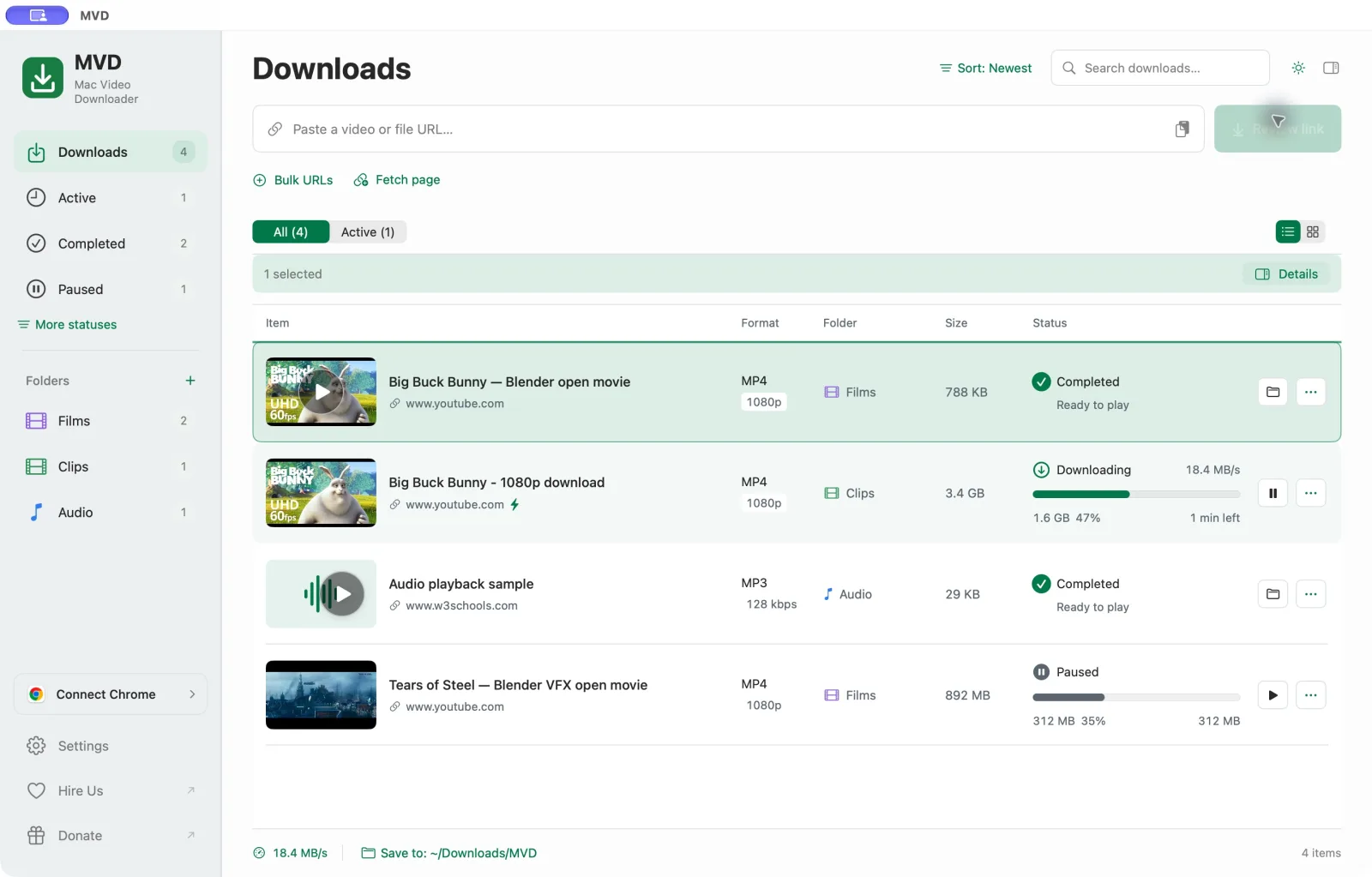 MVD download library with thumbnails, formats, folders and progress
