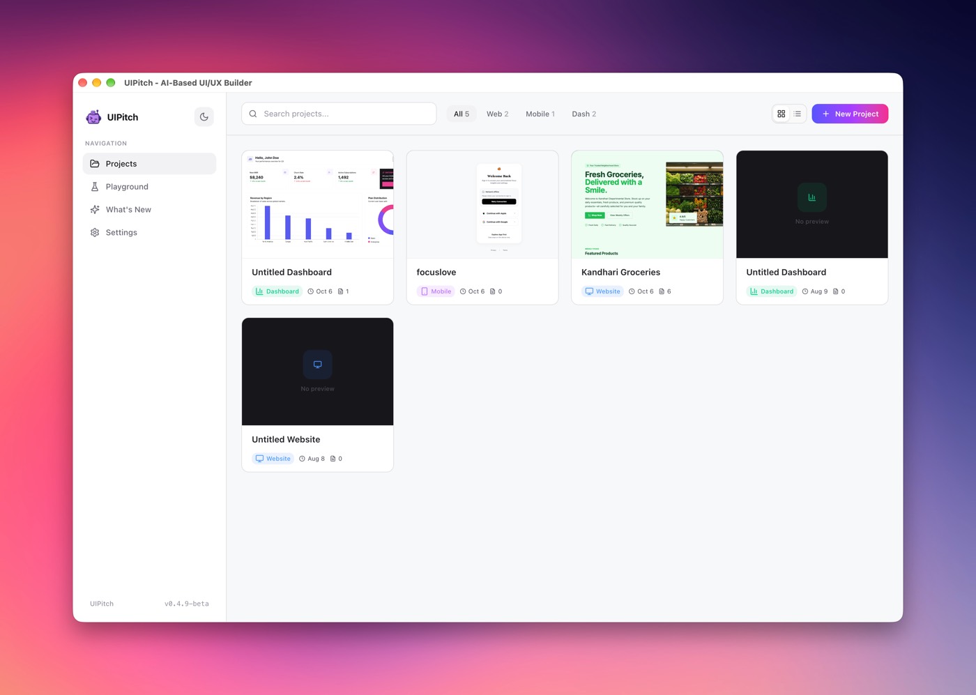 UIPitch desktop app window showing a grid of AI-generated UI design projects