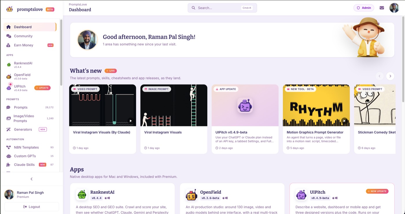 Membership web app dashboard with a greeting banner, what’s new cards and app listings