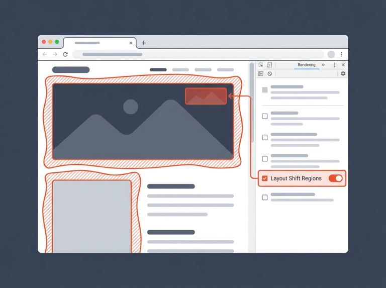 Chrome DevTools Layout Shift Regions highlighting shifting hero image; How to Fix Avoid large layout shifts (detailed guide)